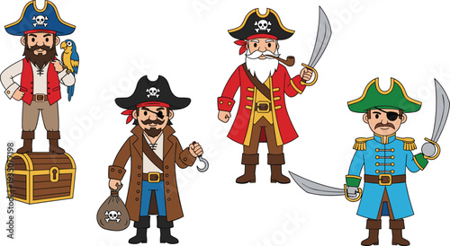 Cartoon Pirate Characters Set with Captain, Treasure Chest, Parrot, Sword, and Hook Illustration for Kids Adventure Theme and Fantasy Story Design