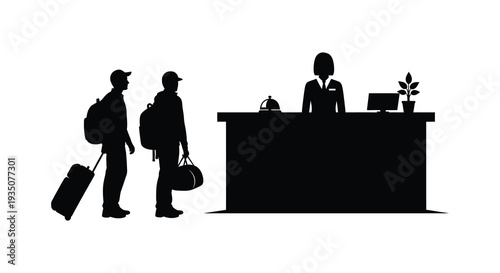 A couple checks into a hotel presenting identification to the receptionist at the front desk silhouette high quality professional detailed modern