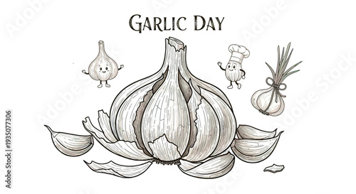 Garlic Bulb Illustration with Cloves and Accessories.