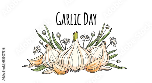 Garlic Bulb with Cloves and Leaves.