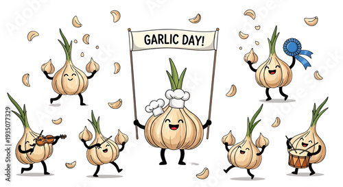 Garlic Characters Celebrating with Sign and Props.