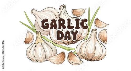 Garlic Day Illustration with Garlic Bulbs and Cloves.