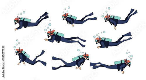 Collection of male and female scuba divers swimming in various underwater poses with full professional diving gear and tanks.