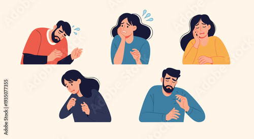 Set of diverse people expressing sadness and distress through crying and emotional facial expressions and body gestures.