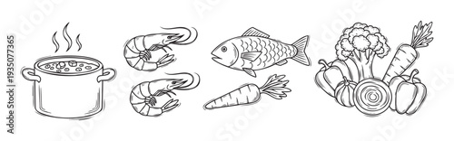 Line art of various fresh ingredients including shrimp, fish, carrots, broccoli, and bell peppers, alongside a hot pot of soup, ideal for illustrating recipe books, food menus, or healthy