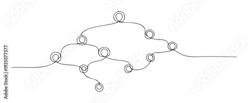 Continuous line drawing depicting an intricate network of interconnected circular nodes and flowing paths, ideal for visualizing complex systems, process flows, or abstract data