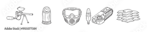 A comprehensive collection of essential paintball equipment, including a marker, protective mask, ammunition, and defensive sandbags, perfect for sport event promotions and graphic design
