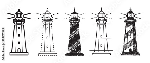 A collection of graphic lighthouses providing navigational guidance and maritime safety, suitable for ocean themed travel agency branding or coastal event invitations