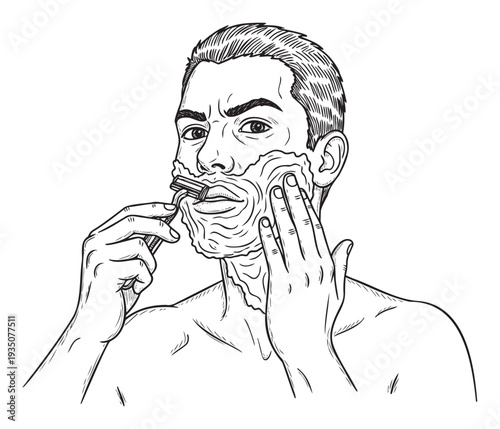 Young man meticulously shaving his face with a manual razor and foam, carefully performing his morning grooming routine for personal hygiene and skin care