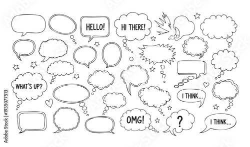Hand drawn doodle speech bubbles and thought clouds with comic burst elements are perfect for adding communication graphics to social media posts and digital messaging applications