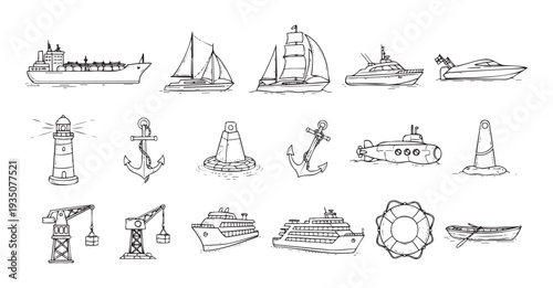 A detailed collection of hand drawn outline nautical objects including ships boats lighthouses anchors buoys cranes and life rings perfect for marine exploration and shipping industry