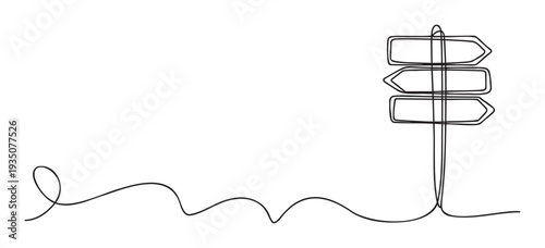 Continuous one line drawing of a simple signpost with three blank directional arrows, representing future choices, path, and journey, suitable for business, educational, or inspirational