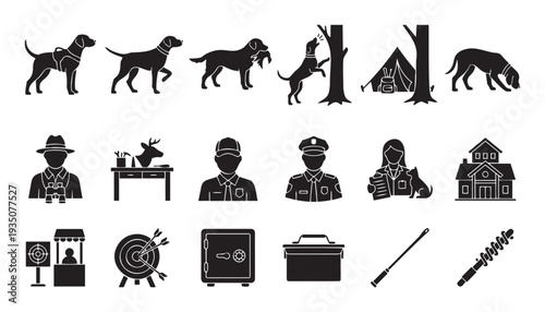 Comprehensive collection of hunting dog silhouettes, wildlife management personnel, and outdoor activity icons perfect for illustrating sporting, law enforcement, and natural resource