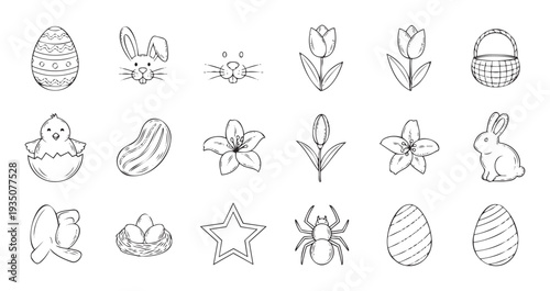 Hand drawn outline collection of Easter and spring holiday elements featuring decorative eggs, adorable bunnies, hatching chicks, blooming flowers, and festive basket for seasonal