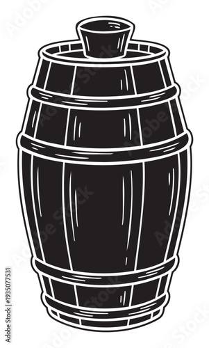 Black and white wooden barrel with a bung closure is a classic storage container for wine beer or spirits perfect for distillery brewery or vintage themed marketing materials.