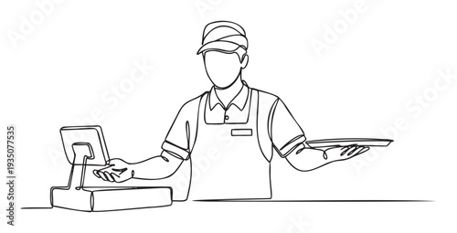 Customer service worker in uniform with a cap and apron operating a cash register and holding a serving tray for hospitality and retail businesses.