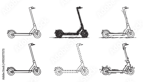 Collection of electric kick scooter drawings in diverse graphic styles, ideal for urban transportation design, mobile app interfaces, and modern ecological city living promotions.