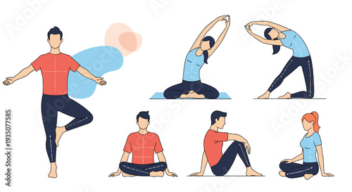 Collection of men and women performing various yoga and stretching exercises to improve their flexibility and physical health.