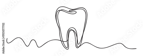 Simple one line drawing of a human tooth with roots for dental health, oral care, and dentistry concepts, perfect for clinic branding or wellness education materials.