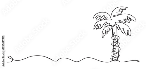 Simple minimalist continuous line drawing of a tropical palm tree with wavy ground, perfect for summer vacation themed marketing materials, travel brochures, or beach resort promotions.
