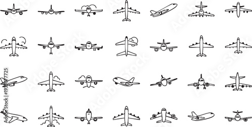 Black and white airplane in various positions and angles airplanes air travel aviation transportation
