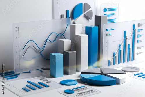 3D charts and graphs of business indicators.