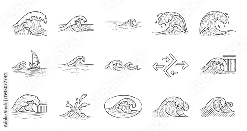 A collection of dynamic ocean and sea wave illustrations showcasing various water motions and forms, ideal for surf lifestyle branding, aquatic themes, or graphic resource applications.
