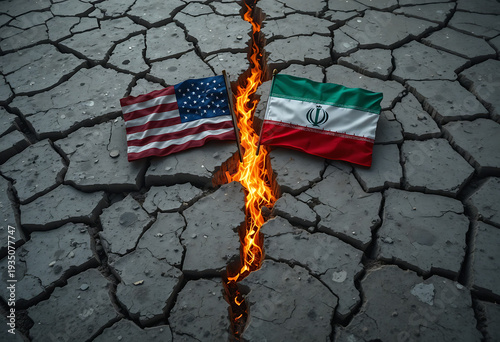 Flags of usa and iran on cracked ground with fire