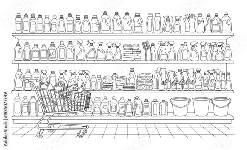 Supermarket aisle drawing displaying various household cleaning products on shelves alongside a shopping cart full of supplies, perfect for retail store layouts and domestic chore visuals