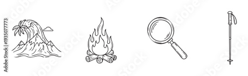 Outdoor adventure and exploration icons featuring a crashing wave, a warm campfire, a magnifying glass for discovery, and a trekking pole for hiking, perfect for travel blogs and camping