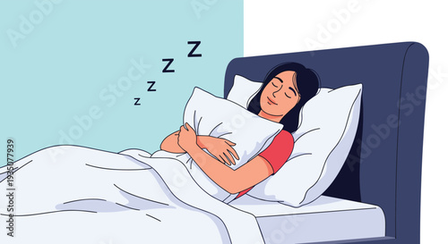 Young woman sleeps peacefully in a comfortable bed with a white pillow and blanket while dreaming with floating letters.