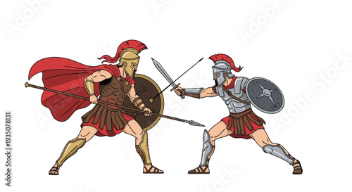 Dynamic battle scene between two ancient warriors equipped with helmets, shields, swords, and spears in a fierce fight.