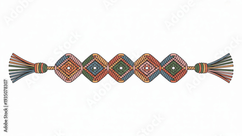 Colorful woven textile trim with tassels on white background for craft or fashion design