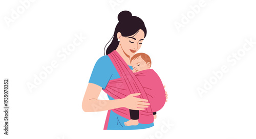 Caring mother carries her sleeping baby in a pink fabric sling while looking down with a gentle and loving expression.