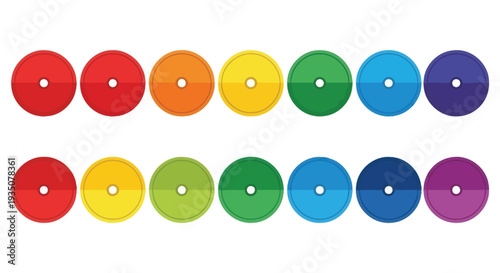 A vibrant arrangement of colorful circular discs displayed in two rows creating a playful modern aesthetic silhouette high quality professional