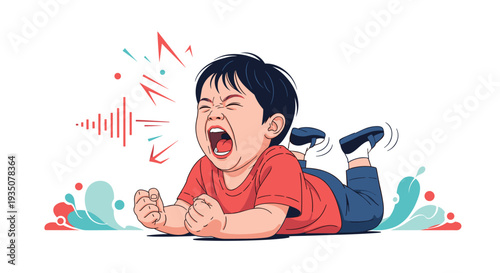 Emotional young child lying on the floor while screaming and crying loudly with visible sound wave symbols of distress.