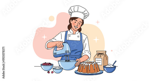 Professional female chef in uniform and hat uses a blue electric hand mixer to prepare cake batter in a kitchen.