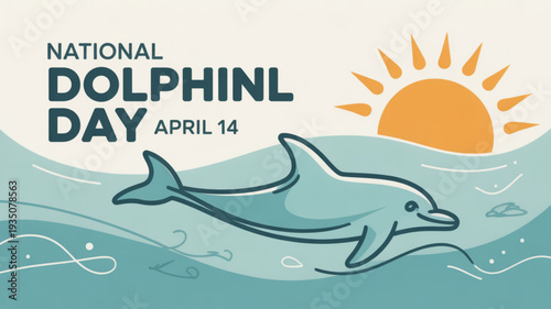 Dolphin swimming in ocean waves on national dolphin day april 14th sunny illustration