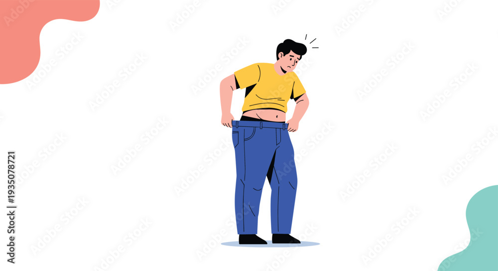 Fototapeta premium Man looks surprised and happy while holding out his oversized jeans after achieving significant weight loss through fitness.