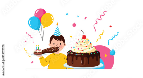 Young boy celebrates his birthday with a giant chocolate cake, balloons, and colorful confetti in a festive party scene.