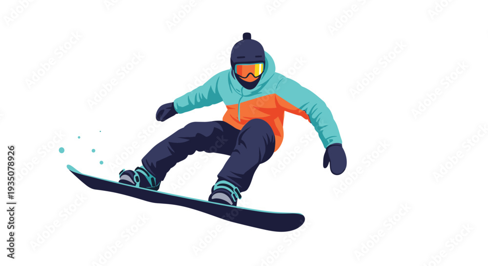 Fototapeta premium Active snowboarder in bright winter gear performs an impressive jump trick against a clean white background scene.