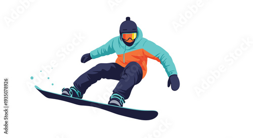 Active snowboarder in bright winter gear performs an impressive jump trick against a clean white background scene.