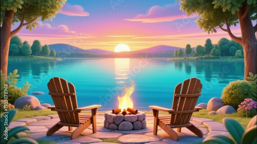 seamless loop fire place near a lake - fantasy style