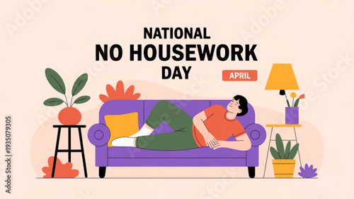 Relaxed woman lying on purple couch celebrating national no housework day in april with plants and lamp nearby