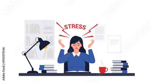 Exhausted businesswoman feels stressed and overwhelmed by a heavy workload of books and papers at her office desk.