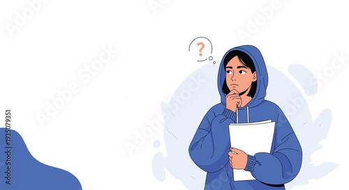 Pensive young woman in a blue hoodie holds documents and looks up thoughtfully with a question mark above her head.