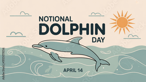 National dolphin day celebration illustration with dolphin jumping in ocean waves on april 14