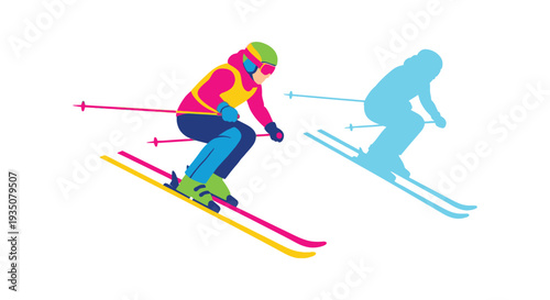 A vibrant illustration depicts two skiers in motion one colorful and one a dark silhouette high quality professional detailed modern elegant