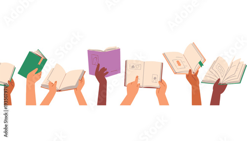 Book hands holding colorful books in reading illustration vector graphic