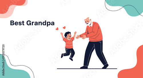 Loving grandfather walks and plays with his happy young grandson against a clean white and abstract background.
